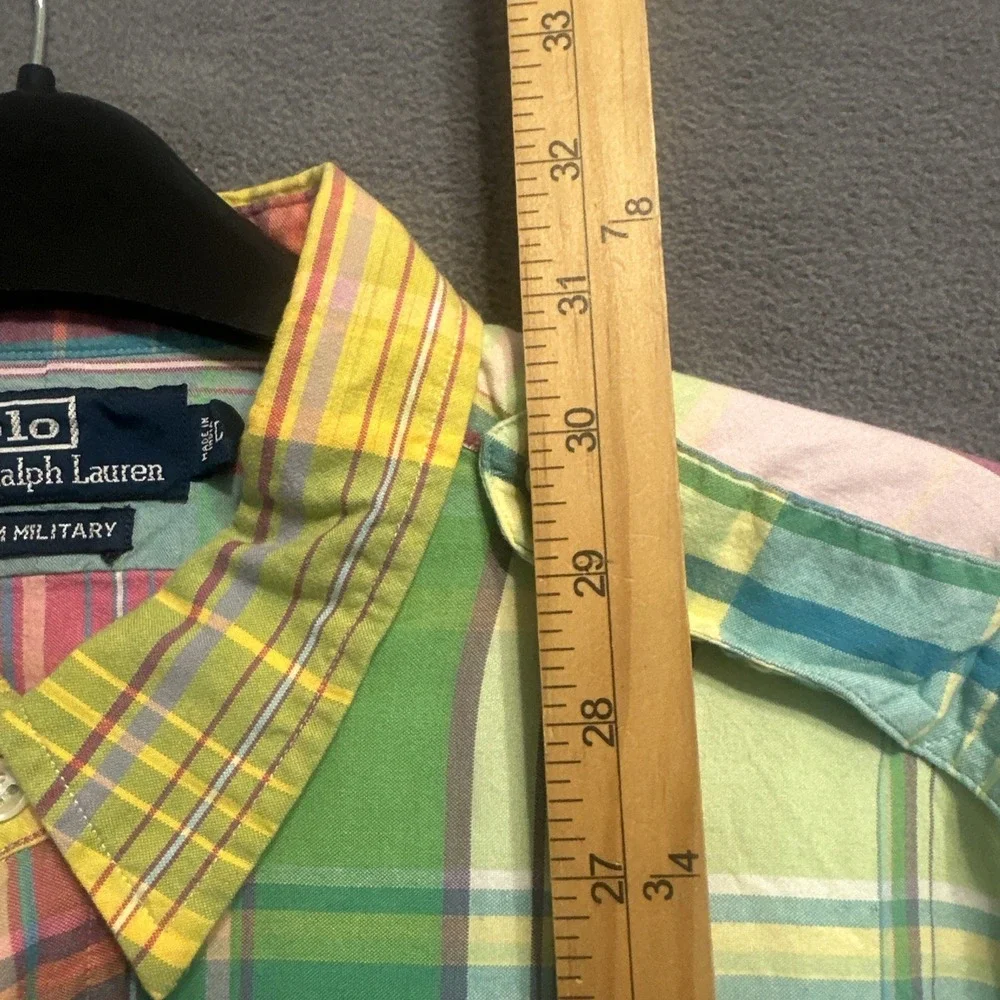 Vintage Polo Ralph Lauren Trim Military Epaulettes Shirt Mens L Madras Plaid